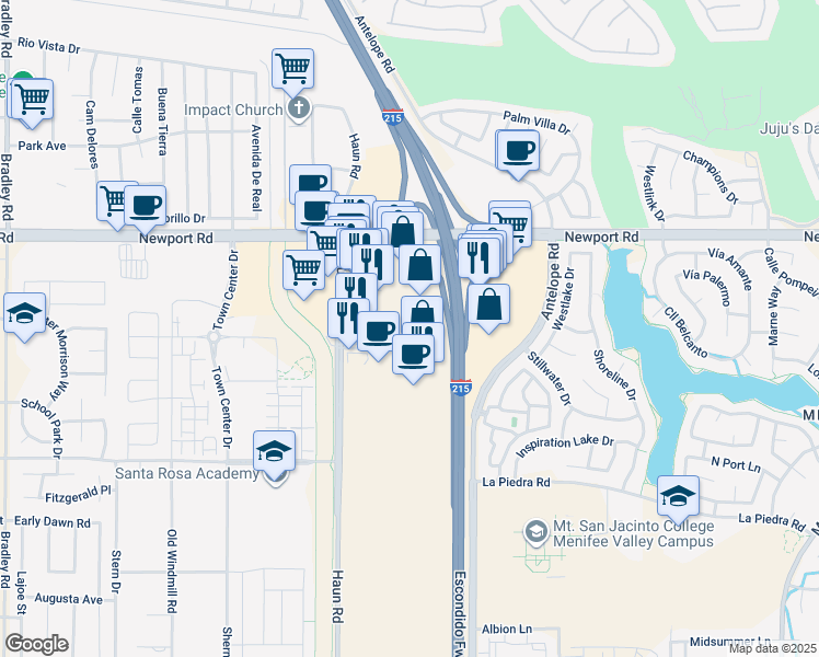 map of restaurants, bars, coffee shops, grocery stores, and more near 30252 Haun Road in Menifee
