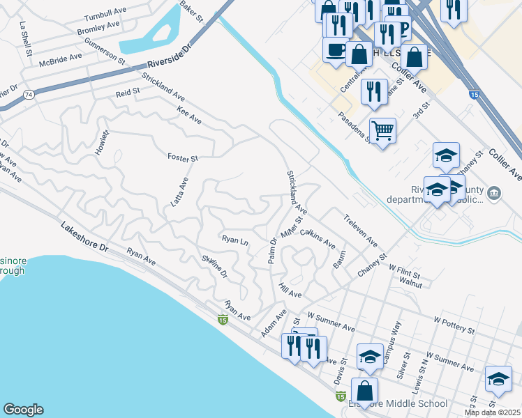 map of restaurants, bars, coffee shops, grocery stores, and more near McBurney Avenue in Lake Elsinore