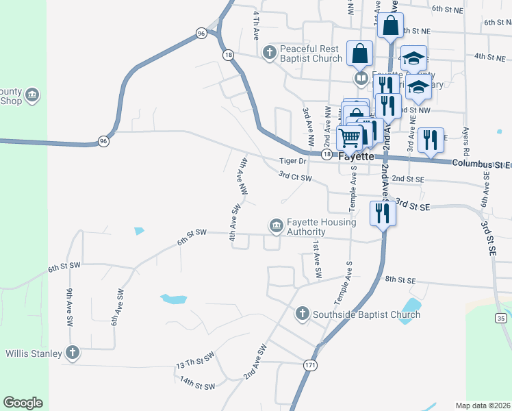 map of restaurants, bars, coffee shops, grocery stores, and more near 5 Th Street Southwest in Fayette