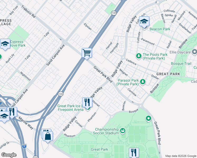 map of restaurants, bars, coffee shops, grocery stores, and more near 133 Okra in Irvine
