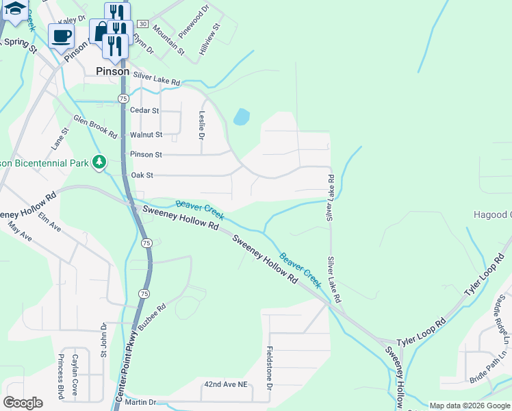 map of restaurants, bars, coffee shops, grocery stores, and more near 4413 Silver Lake Road in Pinson