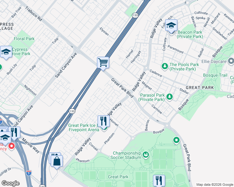 map of restaurants, bars, coffee shops, grocery stores, and more near 133 Okra in Irvine
