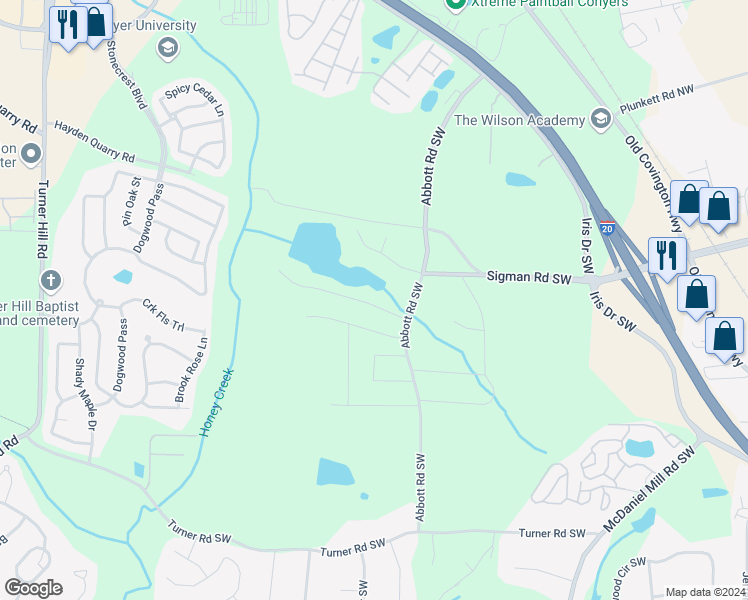 map of restaurants, bars, coffee shops, grocery stores, and more near 2675 Lakeside Drive Southwest in Conyers