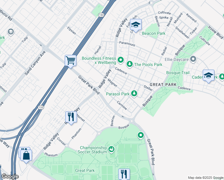 map of restaurants, bars, coffee shops, grocery stores, and more near 320 Magnet in Irvine
