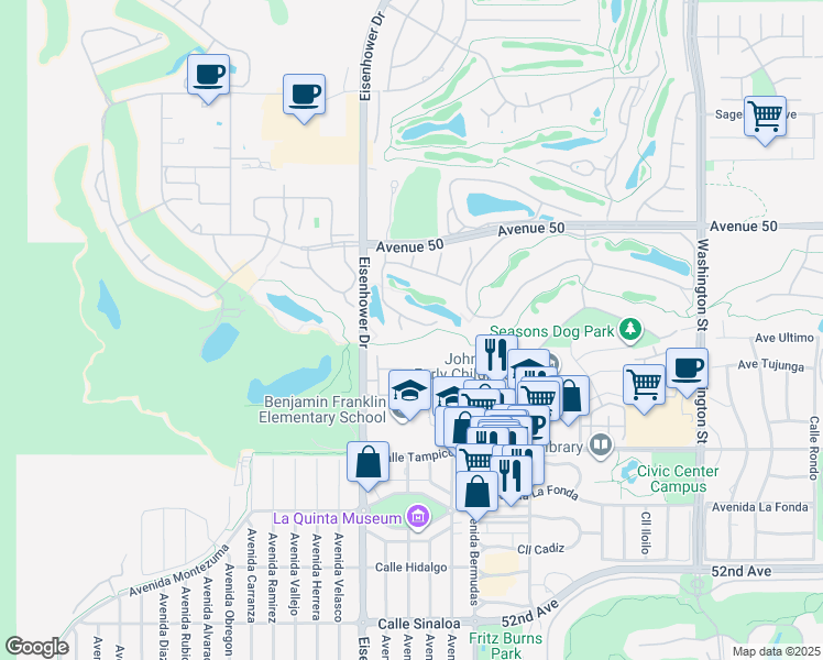 map of restaurants, bars, coffee shops, grocery stores, and more near 77770 Concha Ct in La Quinta