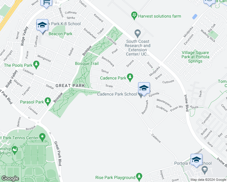 map of restaurants, bars, coffee shops, grocery stores, and more near 174 Scale in Irvine