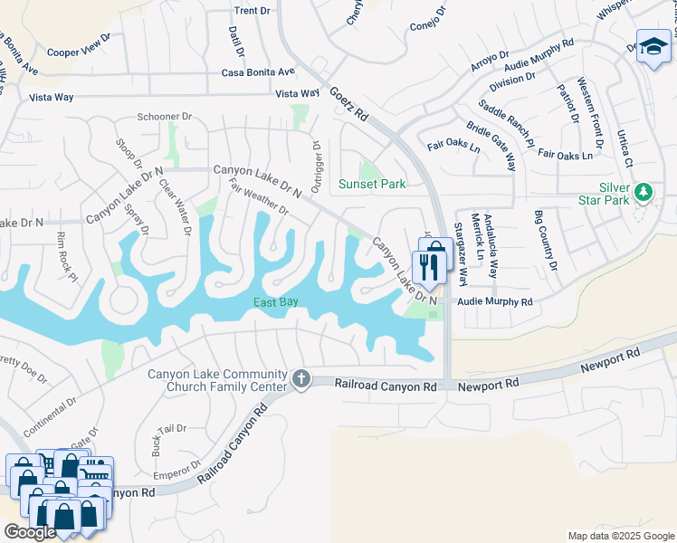 map of restaurants, bars, coffee shops, grocery stores, and more near 30248 White Wake Drive in Canyon Lake
