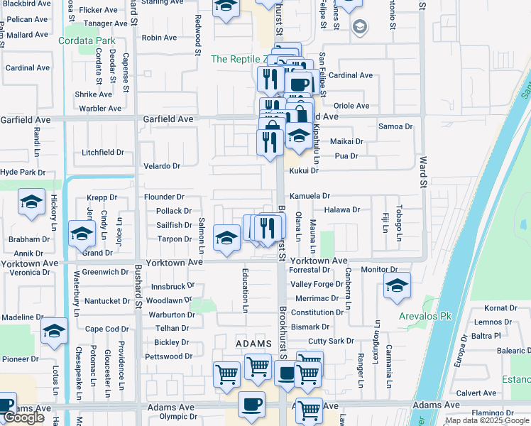 map of restaurants, bars, coffee shops, grocery stores, and more near 19361 Brookhurst Street in Huntington Beach
