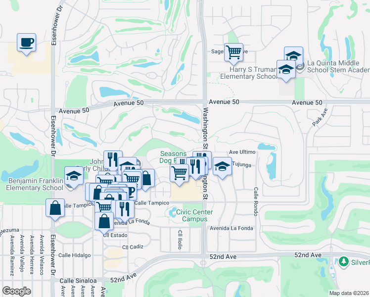 map of restaurants, bars, coffee shops, grocery stores, and more near 78358 Calle Las Ramblas in La Quinta