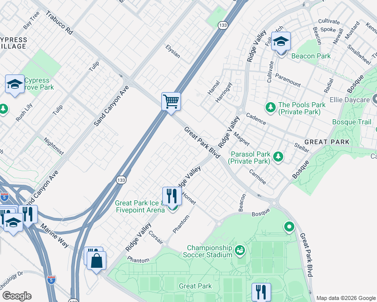 map of restaurants, bars, coffee shops, grocery stores, and more near 701 Spring Garden in Irvine