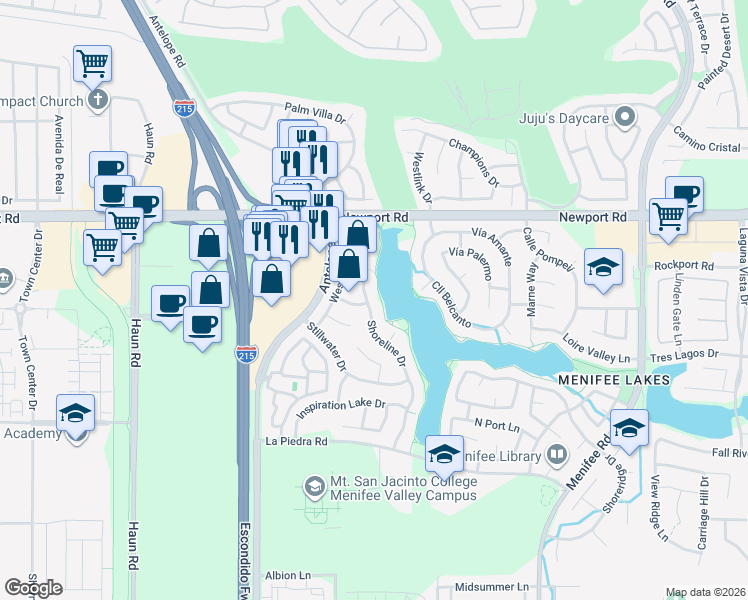 map of restaurants, bars, coffee shops, grocery stores, and more near 30196 Shoreline Drive in Menifee