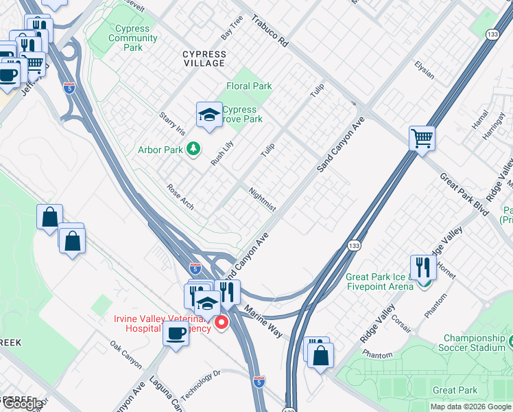 map of restaurants, bars, coffee shops, grocery stores, and more near 121 Tallowood in Irvine