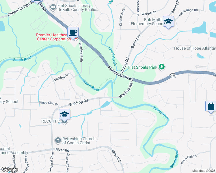 map of restaurants, bars, coffee shops, grocery stores, and more near 3660 Waldrop Cliff Ln in Decatur