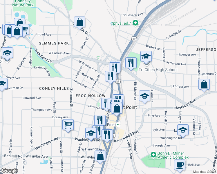 map of restaurants, bars, coffee shops, grocery stores, and more near 3113 Church Street in East Point