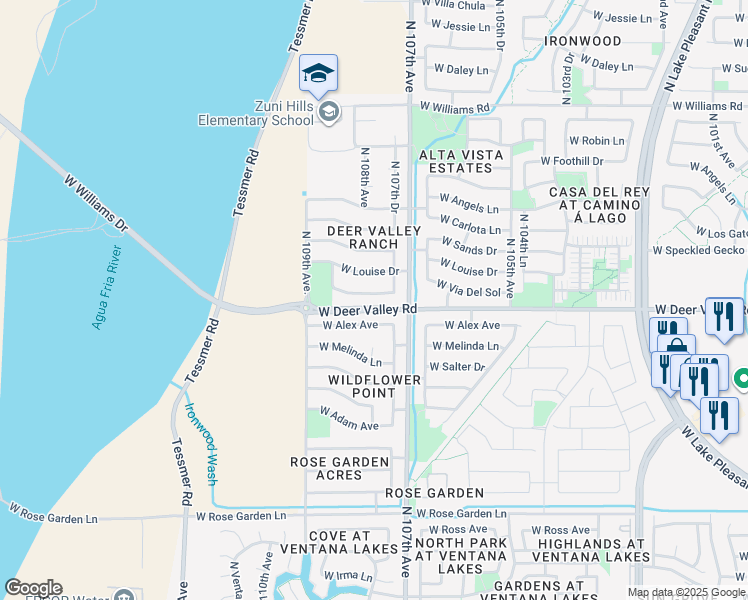 map of restaurants, bars, coffee shops, grocery stores, and more near 10778 West Via Del Sol in Sun City