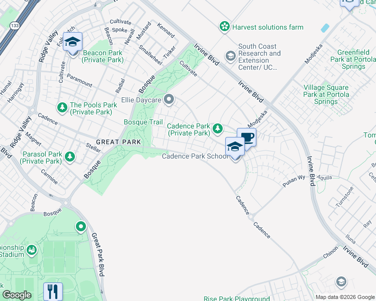 map of restaurants, bars, coffee shops, grocery stores, and more near 128 Character in Irvine
