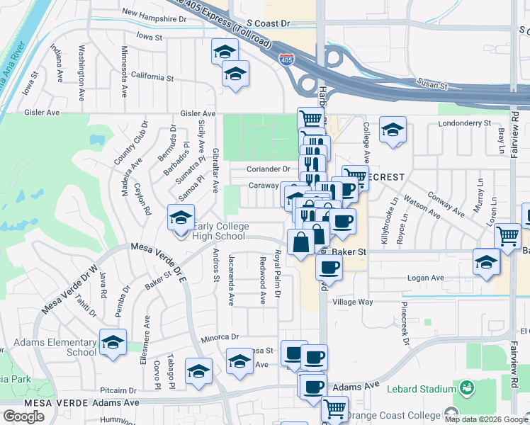 map of restaurants, bars, coffee shops, grocery stores, and more near 1577 Wintergreen Place in Costa Mesa