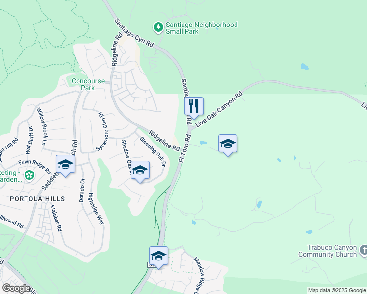 map of restaurants, bars, coffee shops, grocery stores, and more near 19121 El Toro Road in Silverado