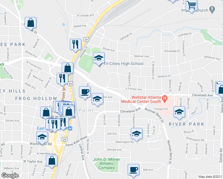 map of restaurants, bars, coffee shops, grocery stores, and more near 1396 East Forrest Avenue in Atlanta