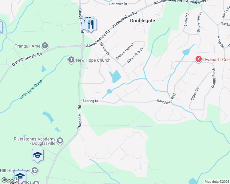 map of restaurants, bars, coffee shops, grocery stores, and more near 4535 Raptor Trail in Douglasville