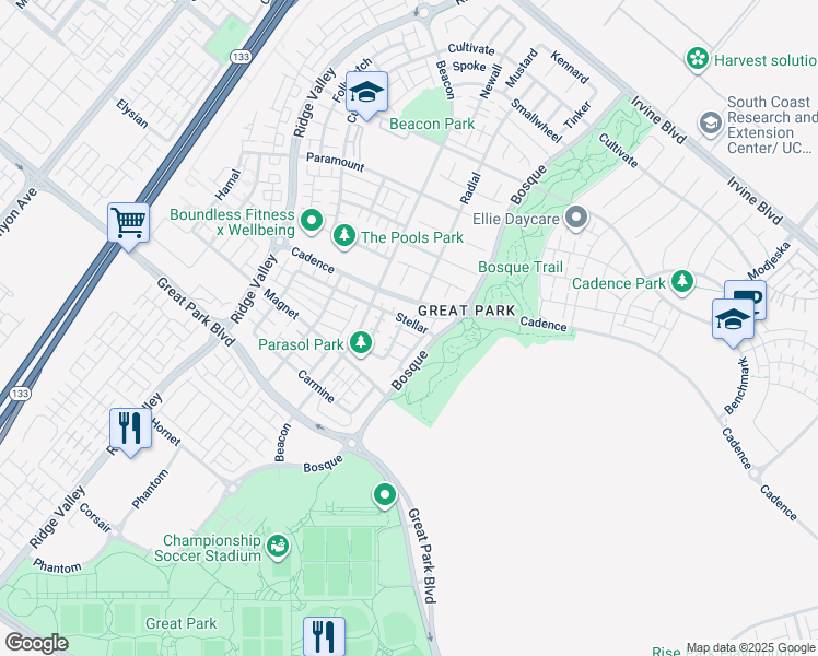 map of restaurants, bars, coffee shops, grocery stores, and more near 186 Stellar in Irvine