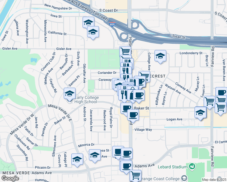 map of restaurants, bars, coffee shops, grocery stores, and more near 1547 Wintergreen Place in Costa Mesa