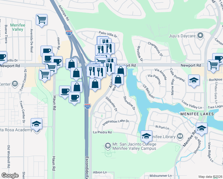 map of restaurants, bars, coffee shops, grocery stores, and more near 30211 Westlake Drive in Menifee