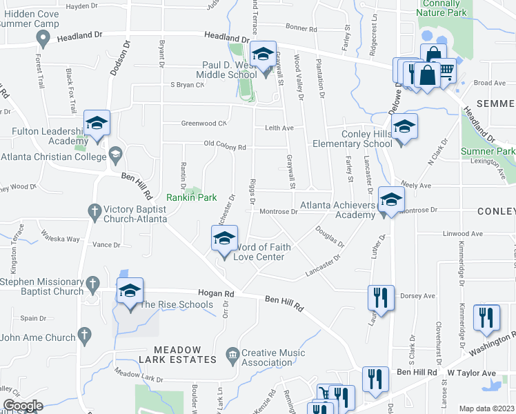 map of restaurants, bars, coffee shops, grocery stores, and more near 2669 Riggs Drive in East Point