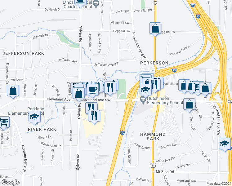 map of restaurants, bars, coffee shops, grocery stores, and more near 2662 Cemetery Dr SW in Atlanta