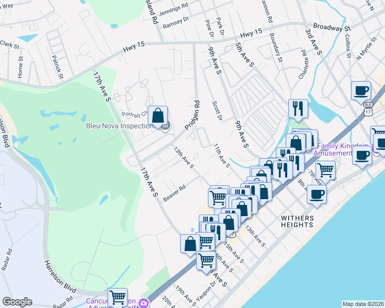 map of restaurants, bars, coffee shops, grocery stores, and more near 1203 Erin Way in Myrtle Beach