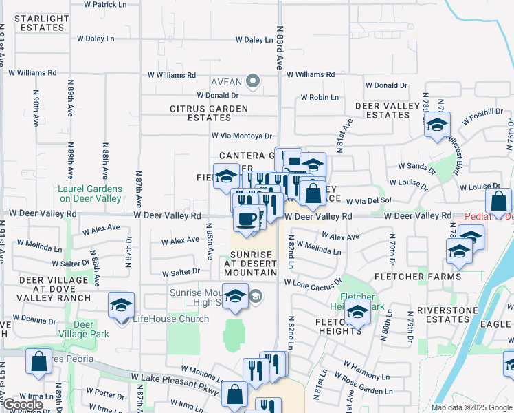map of restaurants, bars, coffee shops, grocery stores, and more near 8330 West Deer Valley Road in Peoria