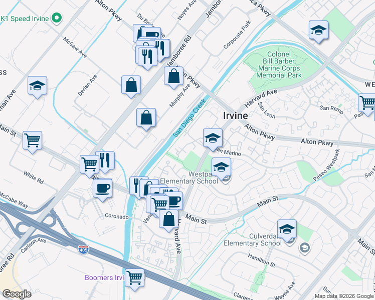 map of restaurants, bars, coffee shops, grocery stores, and more near in Irvine