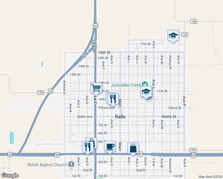 map of restaurants, bars, coffee shops, grocery stores, and more near 1198 Avenue G in Ralls