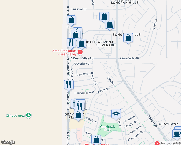 map of restaurants, bars, coffee shops, grocery stores, and more near 21615 North 74th Way in Scottsdale