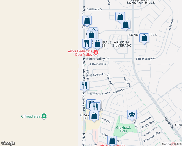 map of restaurants, bars, coffee shops, grocery stores, and more near 21570 North 72nd Way in Scottsdale