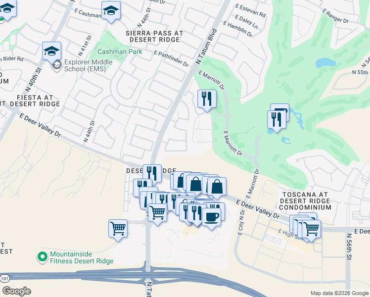 map of restaurants, bars, coffee shops, grocery stores, and more near 21619 North 48th Place in Phoenix