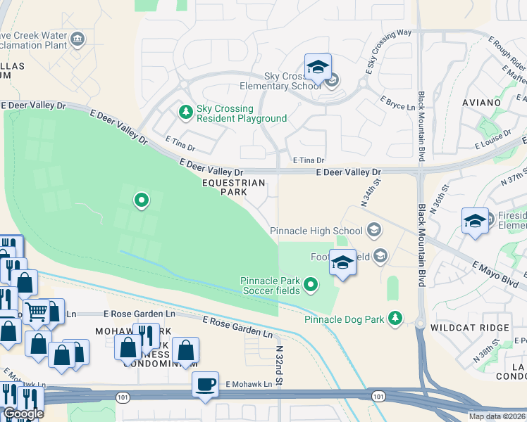 map of restaurants, bars, coffee shops, grocery stores, and more near 21615 North 31st Place in Phoenix