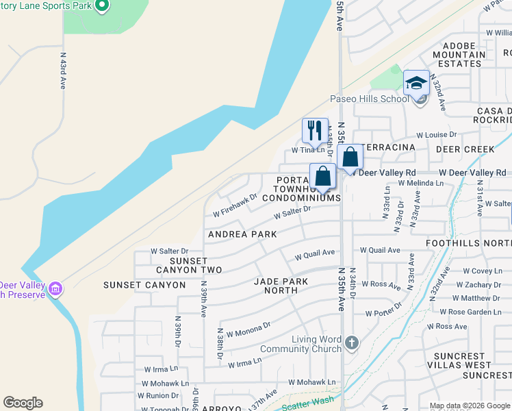 map of restaurants, bars, coffee shops, grocery stores, and more near 3635 West Firehawk Drive in Glendale