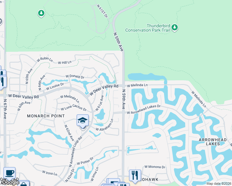 map of restaurants, bars, coffee shops, grocery stores, and more near 5966 West Melinda Lane in Glendale