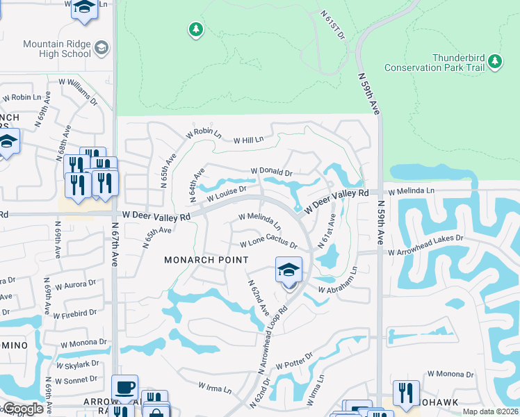 map of restaurants, bars, coffee shops, grocery stores, and more near 6301 West Deer Valley Road in Glendale