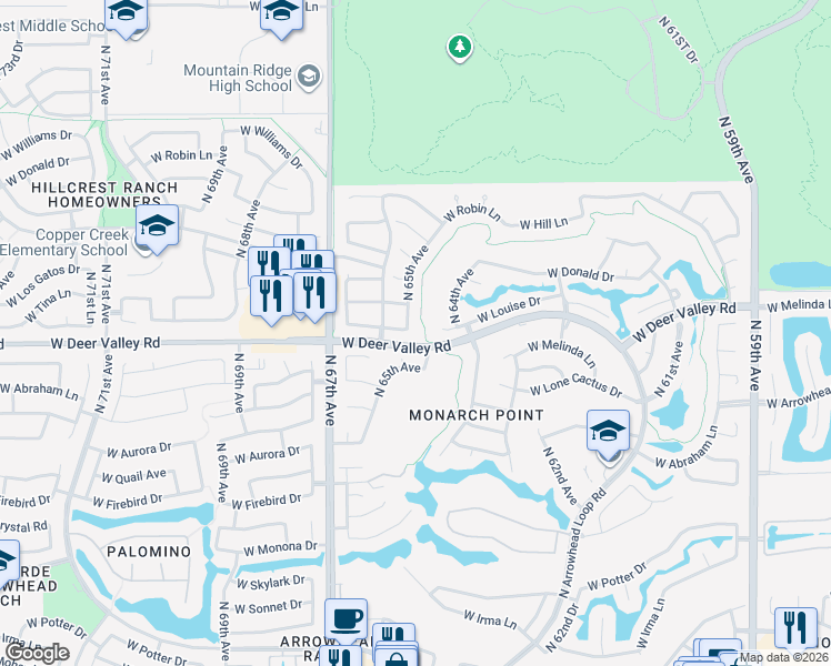 map of restaurants, bars, coffee shops, grocery stores, and more near 21915 North 65th Avenue in Glendale