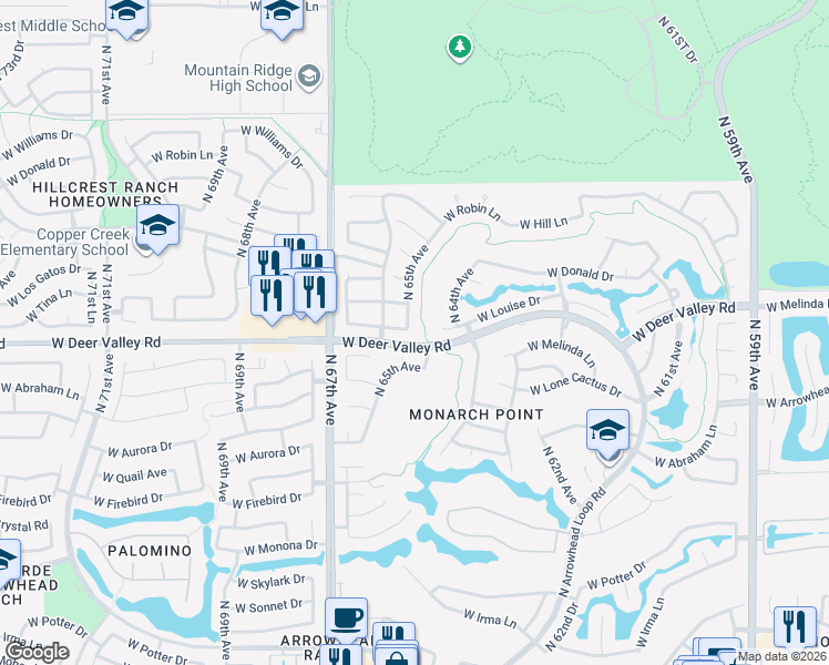 map of restaurants, bars, coffee shops, grocery stores, and more near 21915 North 65th Avenue in Glendale