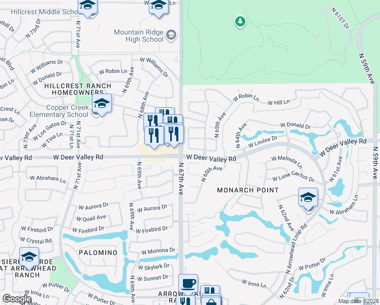 map of restaurants, bars, coffee shops, grocery stores, and more near 21801-21919 North 67th Avenue in Glendale