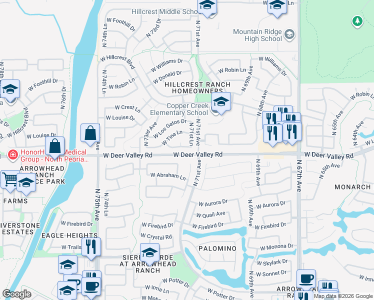 map of restaurants, bars, coffee shops, grocery stores, and more near 21907 North 71st Lane in Glendale