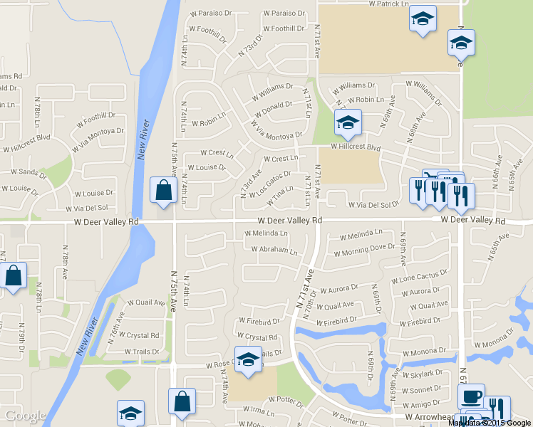 map of restaurants, bars, coffee shops, grocery stores, and more near 7254 West Tina Lane in Glendale