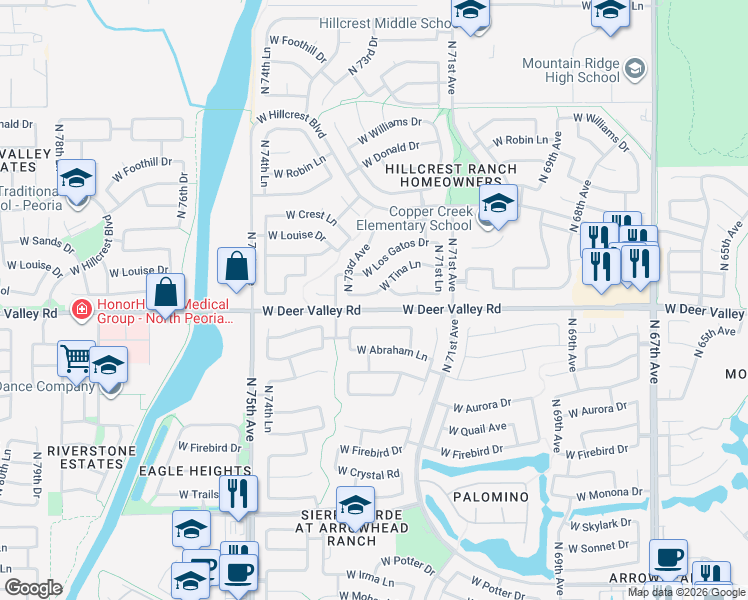 map of restaurants, bars, coffee shops, grocery stores, and more near 7254 West Tina Lane in Glendale