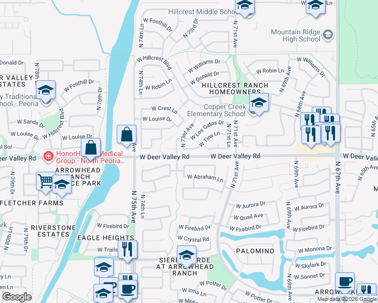 map of restaurants, bars, coffee shops, grocery stores, and more near 7254 West Tina Lane in Glendale