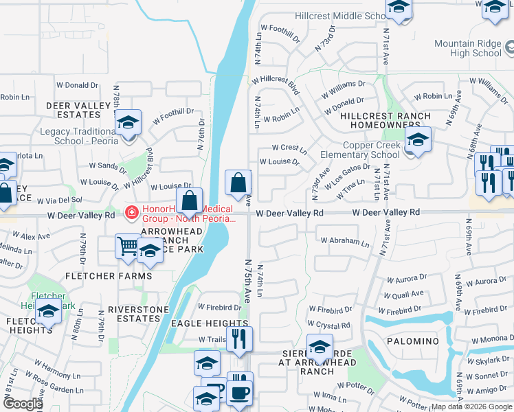 map of restaurants, bars, coffee shops, grocery stores, and more near 7450 West Via Del Sol Drive in Glendale