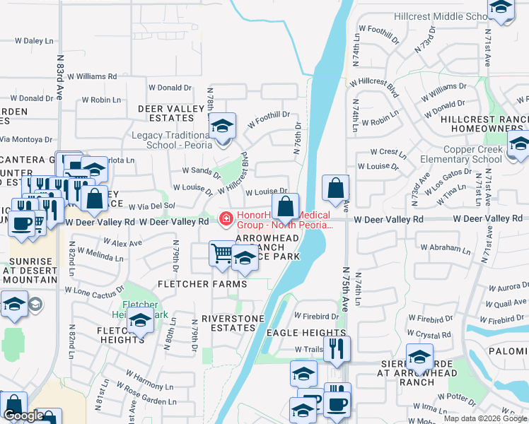 map of restaurants, bars, coffee shops, grocery stores, and more near 7726 West Vía Del Sol in Peoria