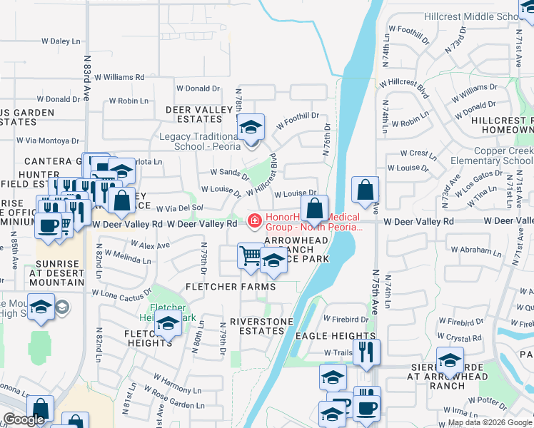 map of restaurants, bars, coffee shops, grocery stores, and more near 21915 North 78th Drive in Peoria